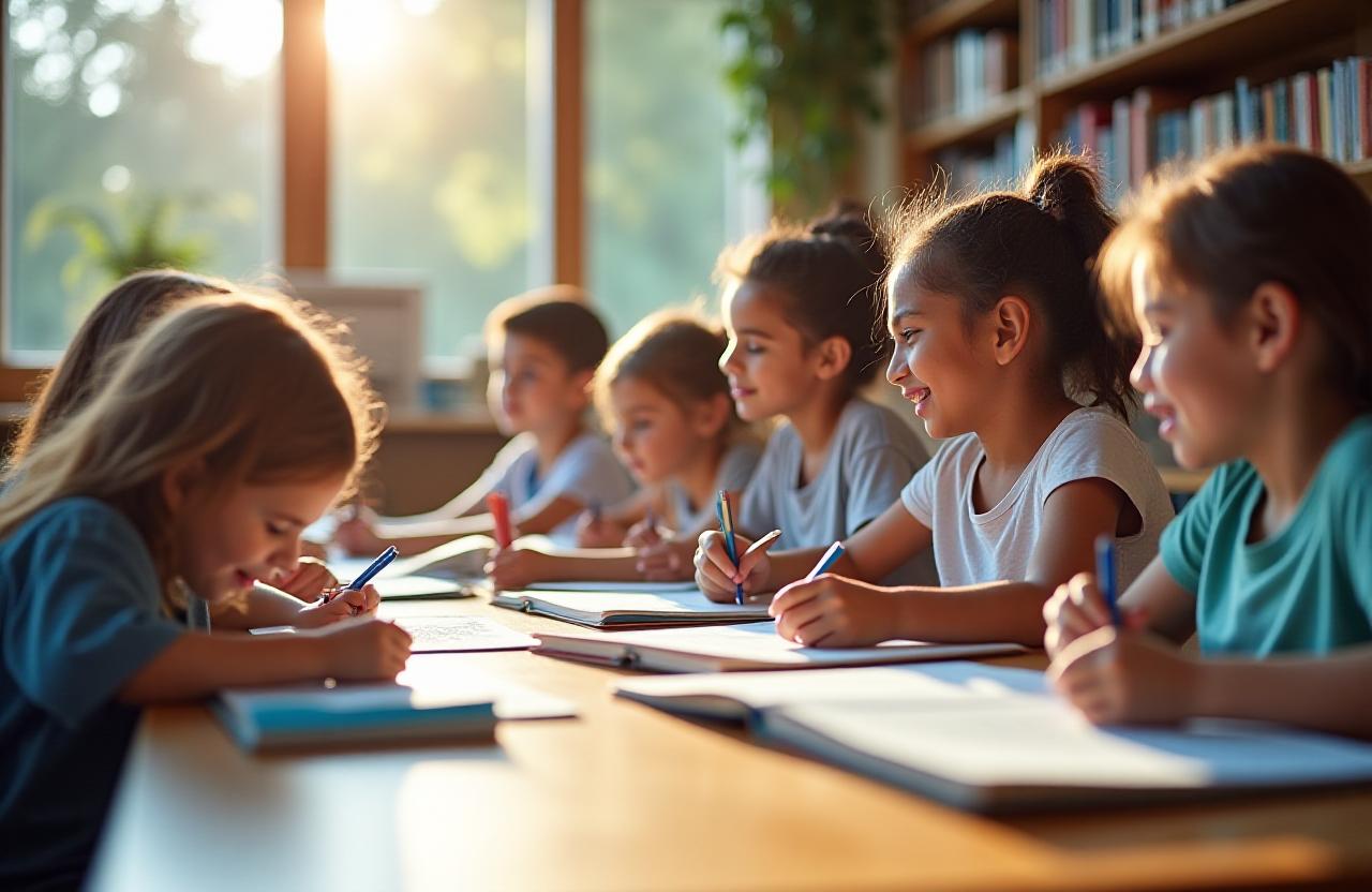 Bambini che scrivono in un ambiente luminoso e creativo